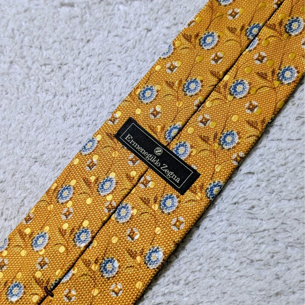 Ermenegildo Zegna Tie Mens OS Golden Yellow Floral Medallion Silk Made in‎ Italy